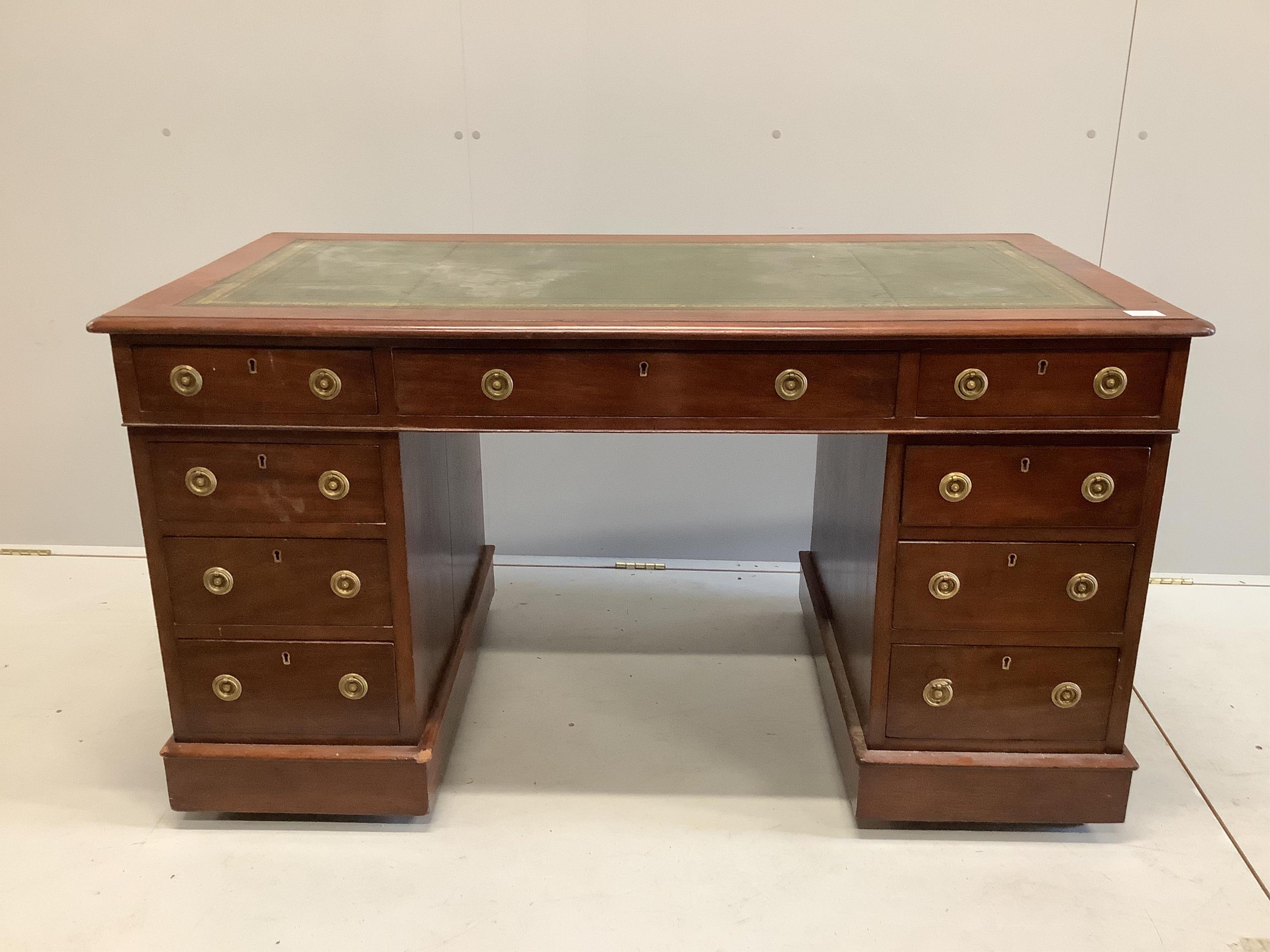 A Victorian mahogany pedestal desk, width 135cm, depth 70cm, height 75cm. Condition - good